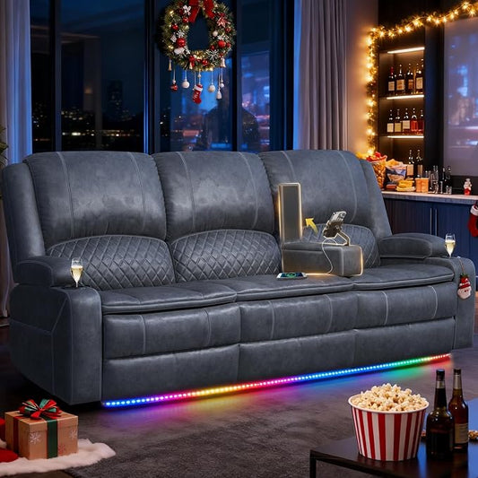 Redesigned Recliner Sofa 3 Seater Couch with Recliner, Home Theater Seating with Liftable Console & Removable Armrest, Manual Velvet Fabric Sofa Reclinering with Storage & USB Ports for Living Room