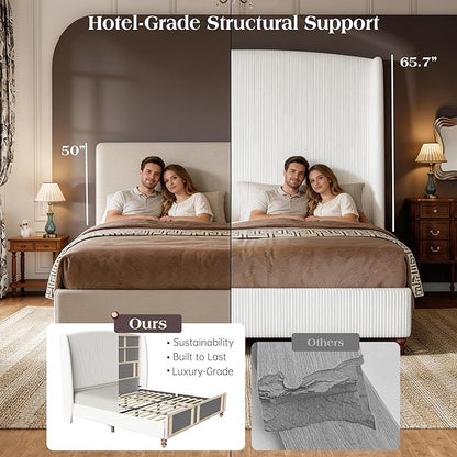 65.7" Tall Headboard King Size Upholstered Bed Frame with Wingback, Soft Washable Corduroy Beds Cover, Solid Wood Legs, Noise-Free, No Box Spring Needed, Cream