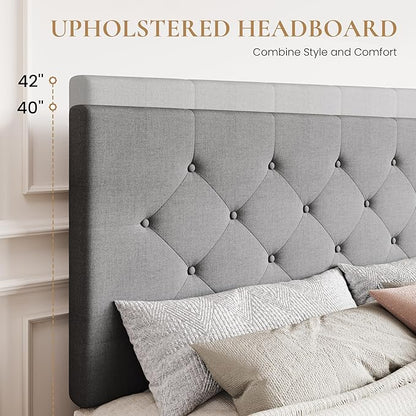 SHA CERLIN Upholstered Queen Size Platform Bed Frame with 4 Storage Drawers, Adjustable Headboard with Diamond Stitched Button Tufted Design, Wooden Slat Support, No Box Spring Needed, Light Grey