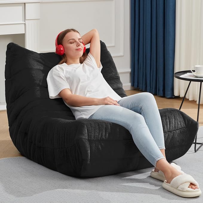 Hobestluk Adults Bean Bag Chair Faux Fur BeanBag Couch for Living Room | Black Plush,Ergonomic Design,Memory Foam,UltraSoft,Anti-slip Bottom,No Assembly Required,Decorative Style for Living Room