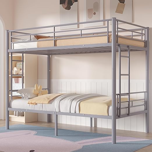 VECELO Metal Bunk Bed Twin Over Twin, Industrial Bunkbeds with Ladder and Full-Length Guardrail, Noise Free, No Boxing Spring Needed, Grey