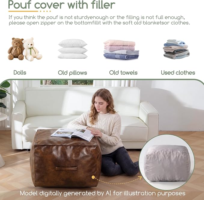 HIGOGOGO Square Stuffed Pouf Ottoman, Pu Leather Poufs with Foam Chunk Filling, Furry and Fluffy Pouf Foot Stool Storage Ottoman,26x18 Inches Floor Poufs Foot Rest for Living Room, Dark Brown