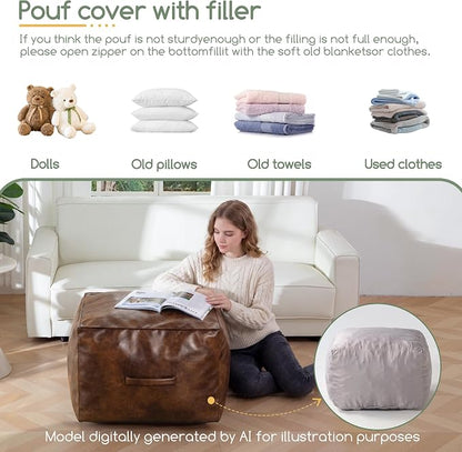 HIGOGOGO Square Stuffed Pouf Ottoman, Pu Leather Poufs with Foam Chunk Filling, Furry and Fluffy Pouf Foot Stool Storage Ottoman,20 X 14 Inches Floor Poufs Foot Rest for Living Room, Dark Brown