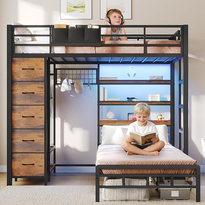 VIAGDO Bunk Bed Twin Over Twin with 5 Storage Drawers, Twin Bunk Beds with Charging Station and Lights, L-Shaped Metal Bunk Bed with Shelves, Bedside Pocket, Guardrail & Ladder for Kids, Teens, Black