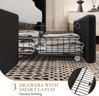 SHA CERLIN Queen Bed Frame with 3 Drawers, USB & Type-C Charging Ports, Velvet Upholstered Platform Bed with Modern Geometric Wingback Storage Headboard, No Box Spring Needed, Easy Assembly, Black