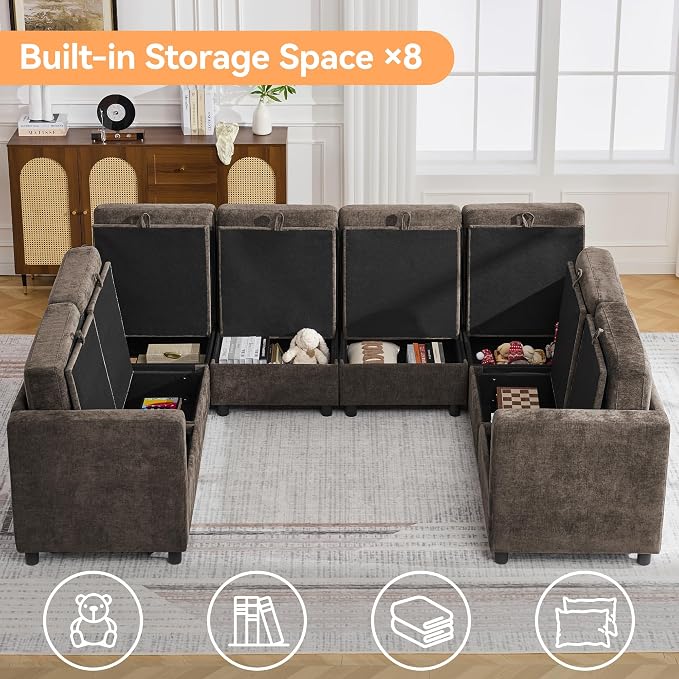 104'' U Shaped Modular Sofa, Sectional Couches with Storage for Living Room, Oversized 8 Seater Cloud Sectional Couch, Chenille Brown