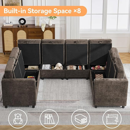 104'' U Shaped Modular Sofa, Sectional Couches with Storage for Living Room, Oversized 8 Seater Cloud Sectional Couch, Chenille Brown