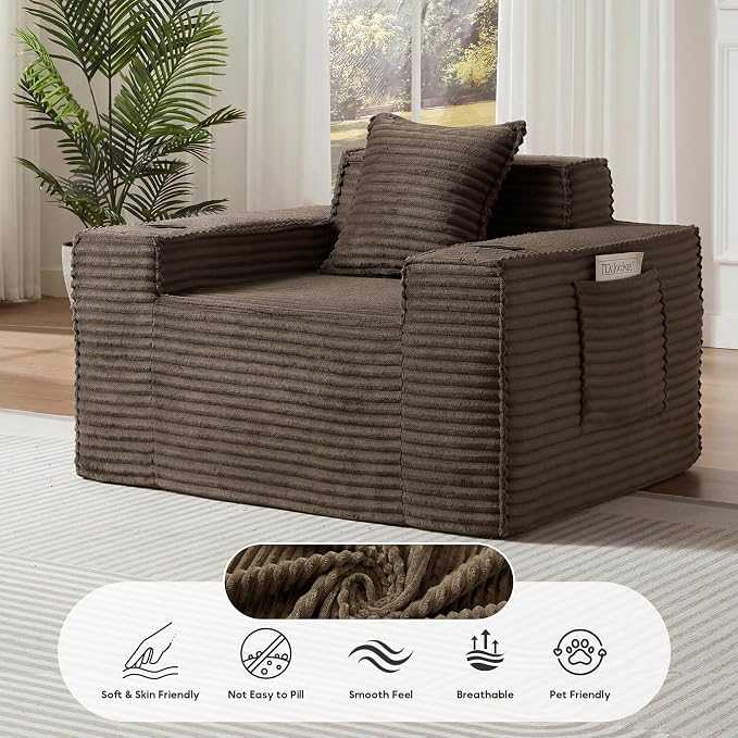 Boneless Sofa Couch with Cup Holders & Side Pockets, Modern Corduroy Fabric Deep Seat Single Cloud Couch for Reading Living Room Office, No Assembly (Brown)