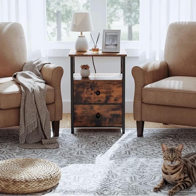 AMHANCIBLE Nightstands Set of 2, Night Stand with Charging Station, Small Bedside Table with 2 Fabric Drawers, End Tables Living Room with USB C Ports for Bedroom, Rustic Brown HET05XBR