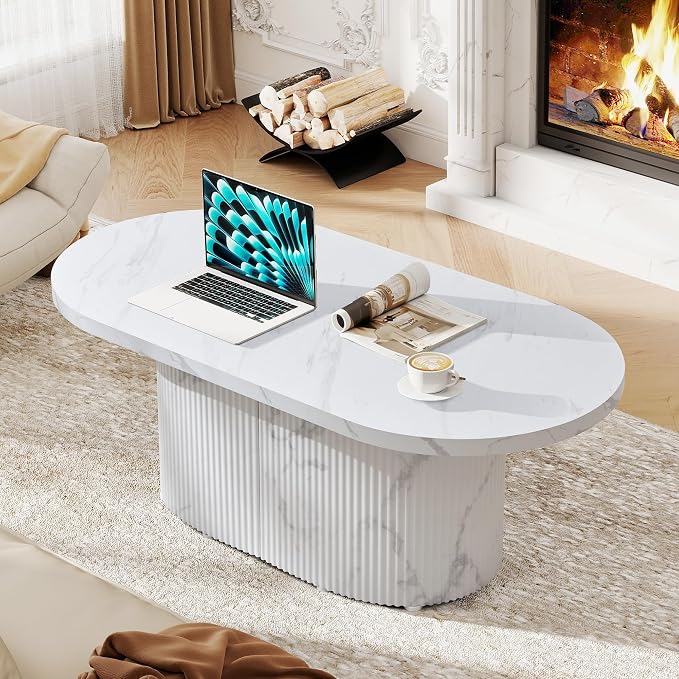 Oval Coffee Table, Modern Faux Marble Wood Coffee Table, Small Fluted Center Tea Table for Living Room,White