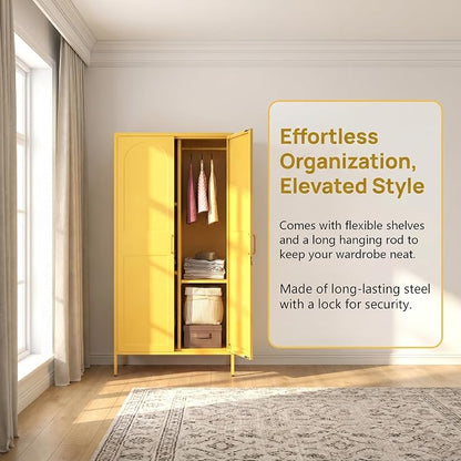 67" Industrial Lockable Metal 2-Door Wardrobe Storage Cabinet with Hanging Rod & Adjustable Shelves, Heavy Duty Multipurpose for Bedroom, Garage, Home Office, Yellow 67" H X 31.5" W X 18.1" D
