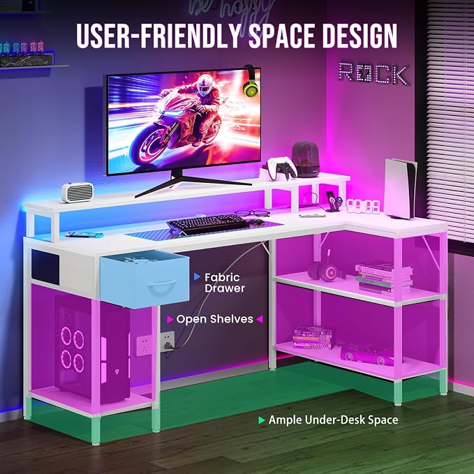 DUMOS 53” Gaming Desk with USB Charging Ports & LED Lights, Reversible L Shaped Desks Computer Corner Gamer Table with Power Outlets Monitor Stand Storage Shelves for Home Office Small Space, White