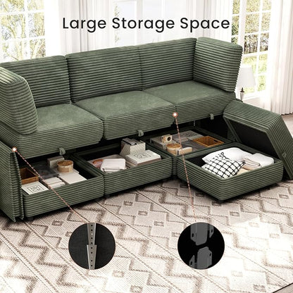 KKL Sectional Couches L-Shaped for Living Room 4 Seater Modular Couch with Storage Ottoman, Plush Wide-Wale Corduroy Couch,Modular Sectional Sofa, Apartment, Modern Design, Green