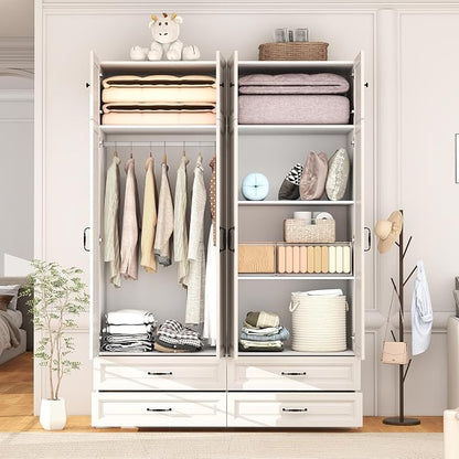 Armoire Wardrobe Closet with Drawers: Bedroom Armoires with Hanging Rod, Wooden Closet Cabinet for Hanging Clothes, Tall Wardrobes Closets with Doors and Shelves (White, 63")
