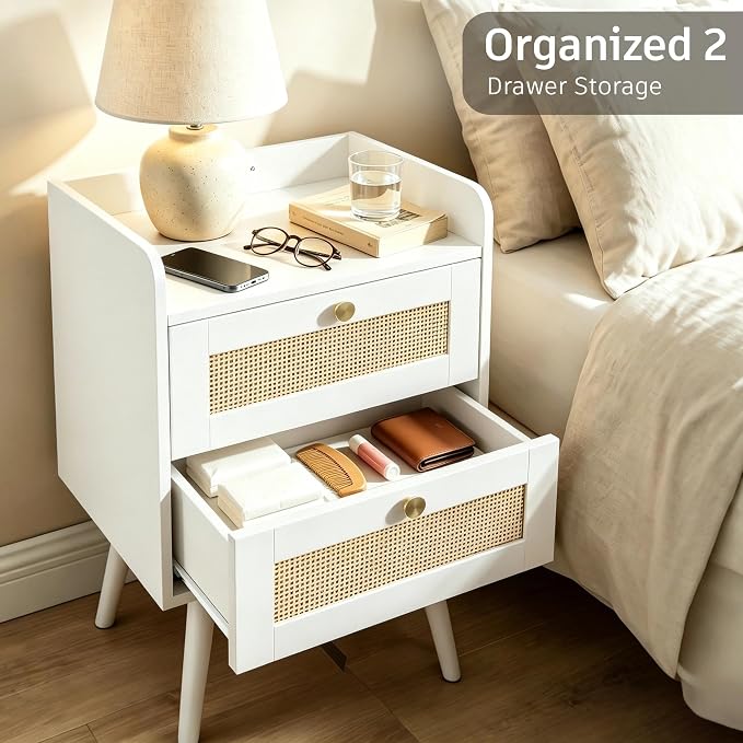 Nightstands Set of 2 with Charging Station, Modern Boho Rattan Bedside Tables with 2 Drawers,Open Storage End Tables for Bedroom, Small Spaces and Dorm, Solid Wood Legs,White