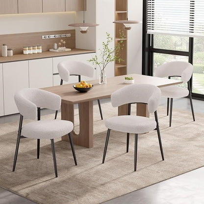 Dining Chairs Set of 2, Mid Century Modern Kitchen Chairs, Boucle Upholstered Dining Chair with Curved Backrest & Metal Legs for Kitchen Dining Room, White