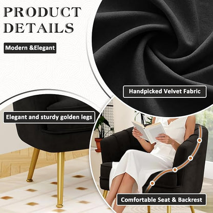 Andeworld Velvet Accent Chair, Upholstered Modern Single Sofa Side Chair,Comfy Barrel Club Living Room Armchair with Golden Metal Legs for Bedroom Living Reading Room Office, Black
