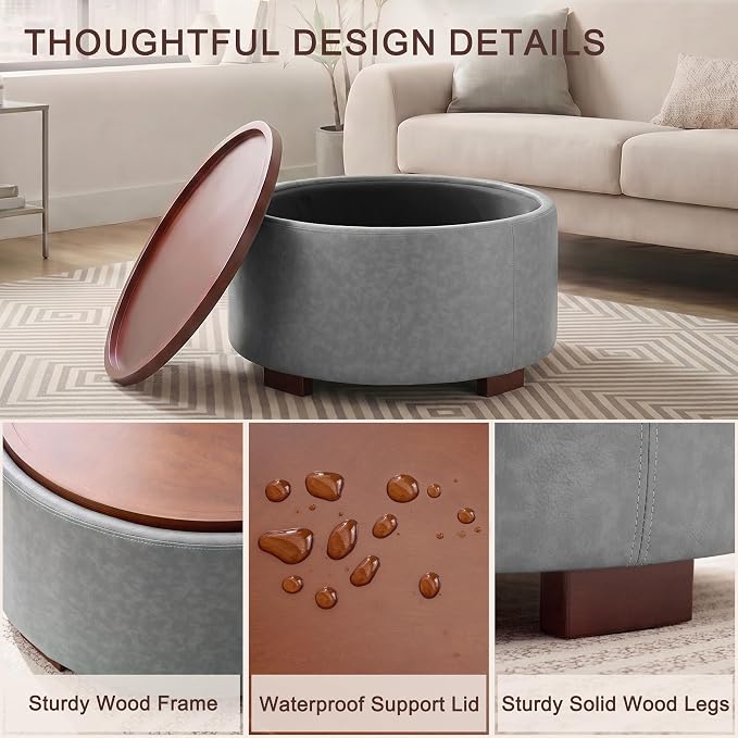 29.1 Inch Round Ottoman Coffee Table, Ottoman with Storage, Leather Grey | Storage Ottoman with Removable Lid Top, Solid Wood Legs, Round Ottoman for Living Room, Bedroom, Apartments