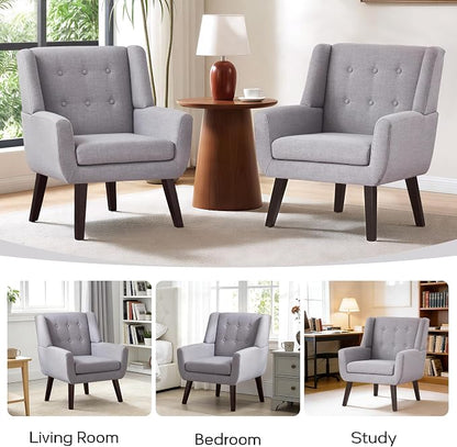 HUIMO Accent Chair Living Room Chair, Upholstered Button Tufted Armchair, Linen Fabric Sofa Chairs for Bedroom, Living Room, Mid Century Modern Comfy Reading Chair (Light Grey)