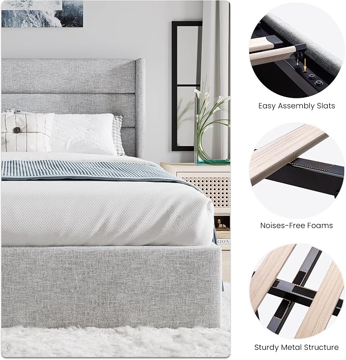 SHA CERLIN King Size Lift Up Storage Bed/Modern Wingback Headboard/Upholstered Platform Bed Frame/Hydraulic Storage/No Box Spring Needed/Wood Slats Support/Light Grey