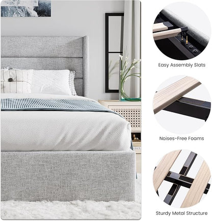 SHA CERLIN King Size Lift Up Storage Bed/Modern Wingback Headboard/Upholstered Platform Bed Frame/Hydraulic Storage/No Box Spring Needed/Wood Slats Support/Light Grey