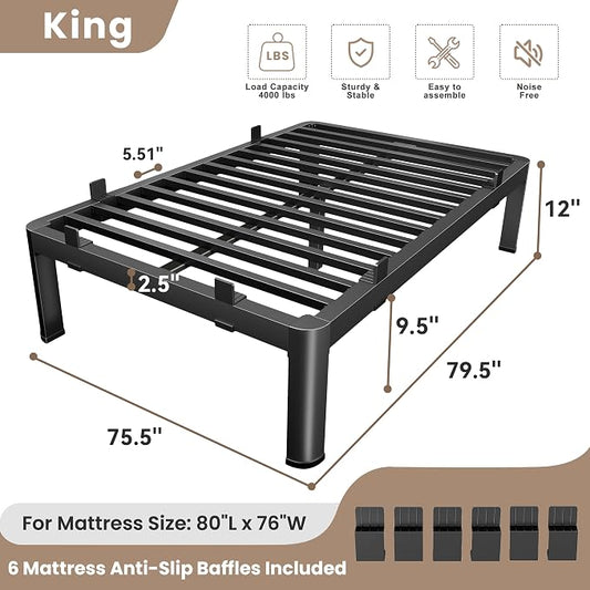 MAF 12 Inch King Metal Platform Bed Frame with Anti-Collision Round Legs, Black 3500 Lbs Heavy Duty Bed Frame Steel Slats Support, No Box Spring Needed, Easy Assembly