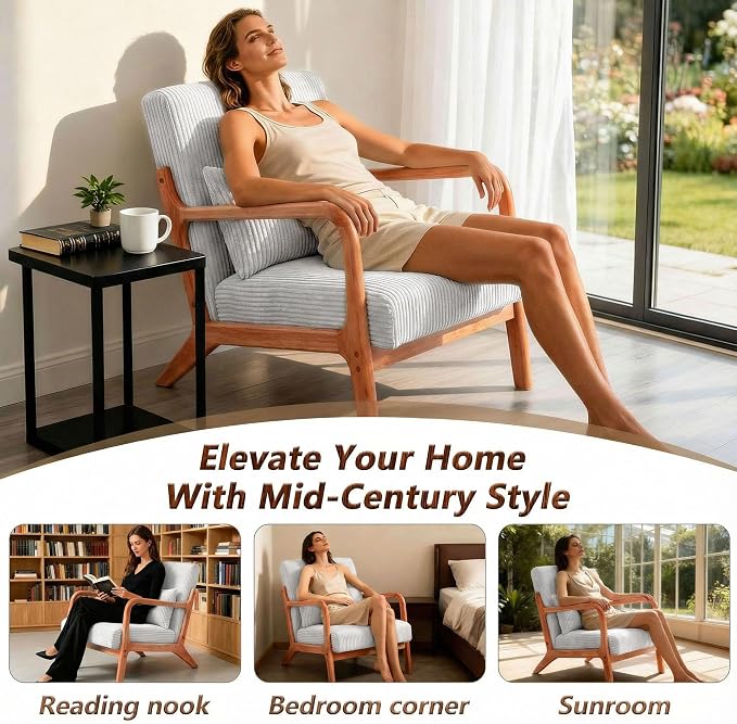 Mid Century Modern Accent Chair with Solid Rubberwood Frame, Comfy Corduroy Reading Armchair with Lumbar Pillow, Compact Lounge Chair for Bedroom, Living Room & Small Spaces, Ivory Cream