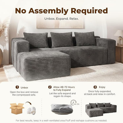 Modular Sectional L-Shaped Sofa with Deep Seat, Modern Boneless Comfy Corduroy Fluffy Couch with Side Pockets and Anti-Slip & Floor-Friendly Bottom for Living Room, No Assembly, Dark Grey