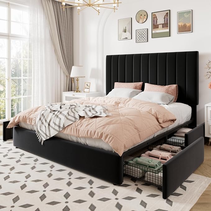 Allewie Full Size Storage Bed Frame, Vertical Channel Tufted Adjustable Headboard, Velvet Upholstered Platform Bed with 4 Oversized Underbed Drawers, Wooden Slats Support, No Box Spring Needed, Black