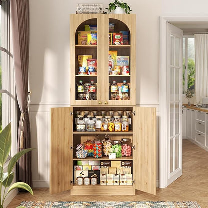 Cyclysio 80" Kitchen Pantry, Tall Arch Storage Cabinet with Tempered Glass & Soft Close Doors, Freestanding Wood Floor Cupboard Bookcase with Seamless Fit Wall for Dining Room, Living Room, Bathroom
