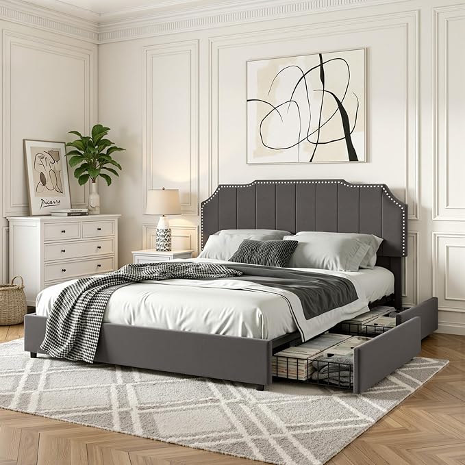 VECELO Queen Upholstered Platform Bed Frame with 4 Storage Drawers,Velvet Vintage Queen Bed with Nailhead Trim,Tufted Height Adjustable Headboard,Wooden Slats/No Box Spring Needed/Easy Assembly
