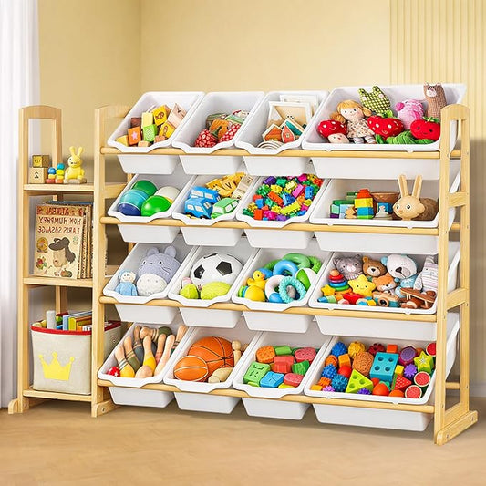 Kids Toy Storage Organizer with Bookshelf – Wooden Shelf with 16 Bins & 3 Shelves, Quick Assembly Storage Rack for Playroom, Bedroom, Nursery - White