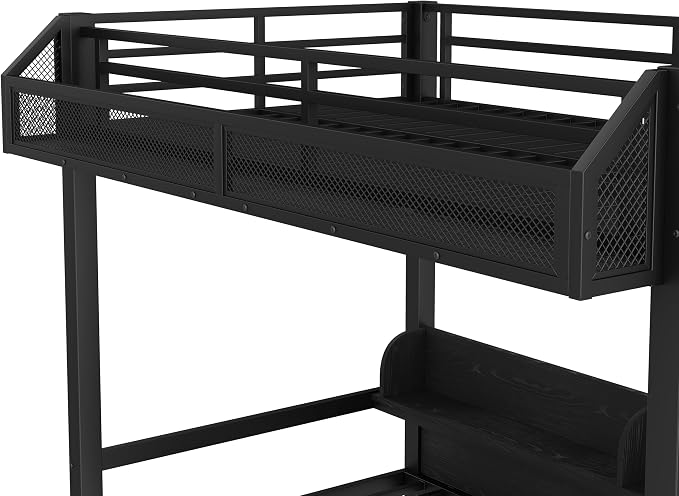 Bellemave Bunk Bed Twin XL Over Twin XL，Metal Bunk beds with Storage Shelves and Drawers USB Ports and LED Lights, Lower Bed That can be Converted into a Sofa, Black