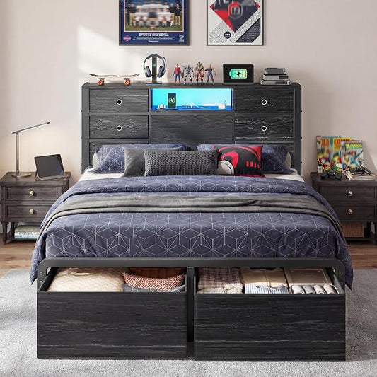 Homkdom Full Size Bed Frame with 8 Fabric Drawers Storage, LED Lights & Charging Station, Metal Platform Bed Frame with Headboard Storage Providing Noise-Free and Easy Assembly,Black