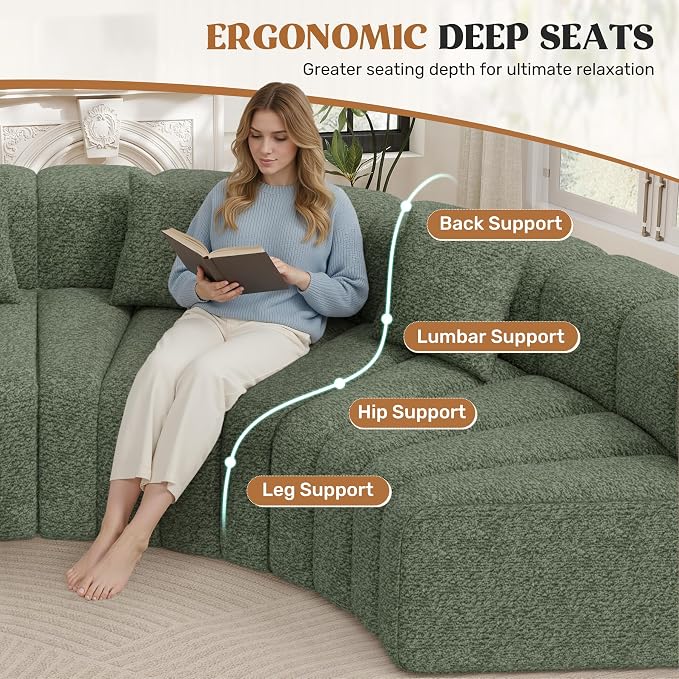 128" Oversized Curved Cloud Couch, Modern Compressed Modular Sectional Sofa, 4 Seater Boneless Couches for Living Room, No Assembly Required, Green 1 PCS