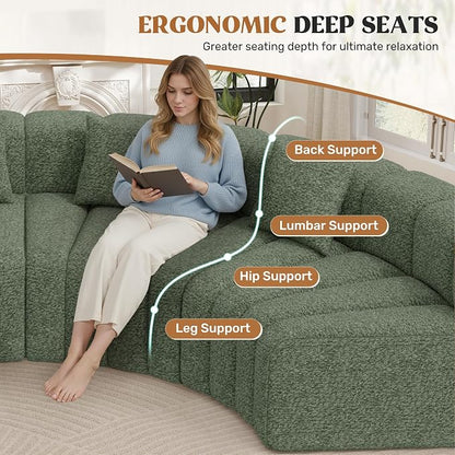 128" Oversized Curved Cloud Couch, Modern Compressed Modular Sectional Sofa, 4 Seater Boneless Couches for Living Room, No Assembly Required, Green 1 PCS