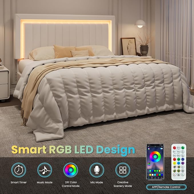 SHA CERLIN King Size Velvet Bed Frame with LED Light, Adjustable Vertical Channel Tufted Headboard, Strong Wooden Slats Support, Noise-Free, No Box Spring Needed, White