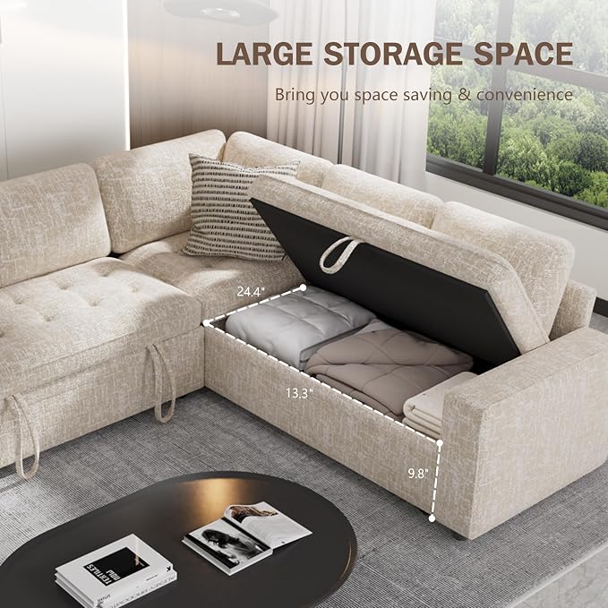 Sunny Heart Chenille Modular Sectional Sleeper Sofa with Pull Out Bed, L Shaped Sectional Sofa with USB Ports/Adjustable Backrest/Storage Seats, Tool-Free Assembly, Couches for Living Room Beige