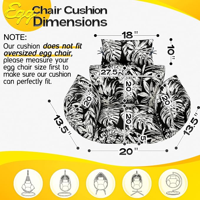 MAGIC ELEPHANT Egg Chair Cushion, Memory Foam Indoor Outdoor Hanging Egg Chair Cushion Replacement, Patio Basket Swing Cushion with Headrest (Black Monstera)