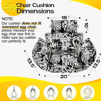 MAGIC ELEPHANT Egg Chair Cushion, Memory Foam Indoor Outdoor Hanging Egg Chair Cushion Replacement, Patio Basket Swing Cushion with Headrest (Black Monstera)