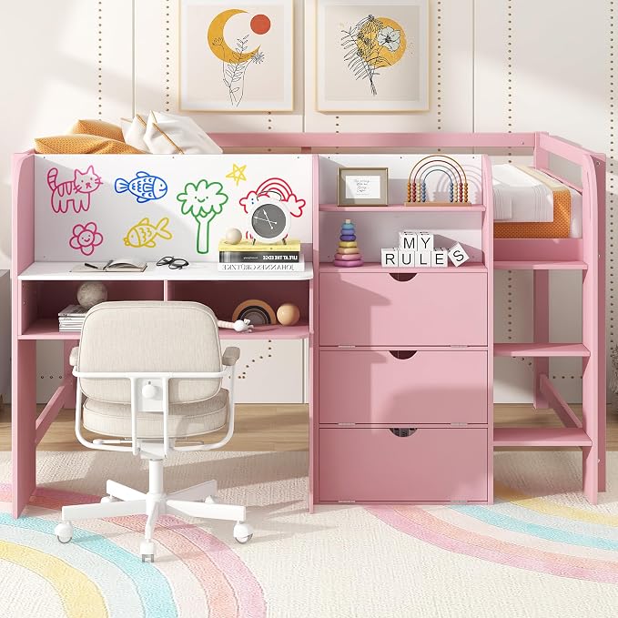 Bellemave Full Size Low loft Bed for Kids,Wood Modern Farmhouse Full Loft Bed with Desk, Storage Cabinets,Bookcase, No Box Spring Needed, Pink