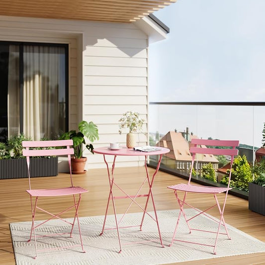 Bistro Table and Chairs Set of 2, 3 Piece Outdoor/Indoor Folding Patio Bistro Sets, 2 Chair Patio Furniture Set with Table, Premium Frame Foldable Coffee Tables for Balcony, Yard, Garden, Pink