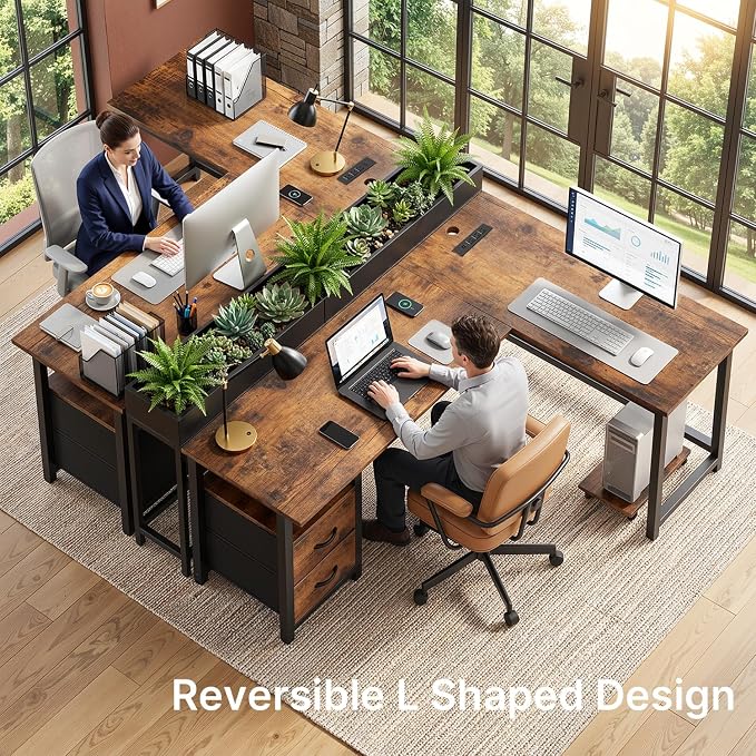 Gizoon 66 Inch L Shaped Home Office Desk with Power Outlets, Reversible Corner Computer Gaming Table with Large Drawers & CPU Stand, Rustic Brown
