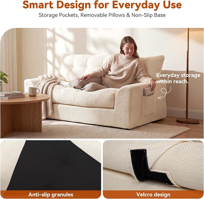 MONVANE 55.5" Convertible Loveseat Sofa, Comfy Chenille Cloud Couch with Storage Pocket, Modern Deep Seat Boneless Couch, 2 Seater Sofa for Living Room, No Assembly Required, Beige