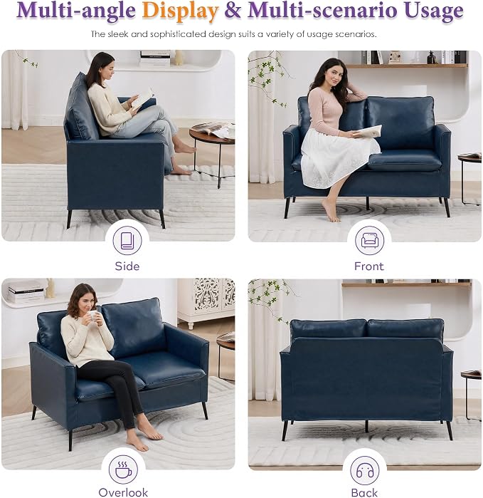 TYBOATLE Faux Leather Loveseat Sofa and Accent Chair Set of 2, Comfy Love Seat Couch and Chair Set, Mid-Century Modern 2 Seat Couches for Small Spaces, 3 Pieces Living Room Furniture Sets (Blue, 3)