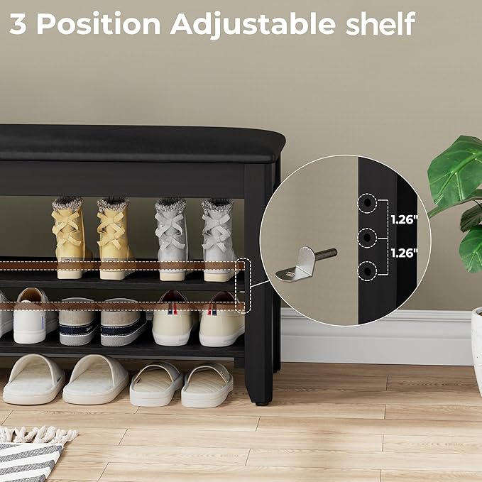 Homleke 2-Tier Solid Wood Shoe Rack Bench with Flip-Top Storage | Entryway Bench with Cushion, Adjustable Shelf, Holds Up to 10 Pairs, for Hallway, Bedroom and Closet, Black, 39.4 Inch