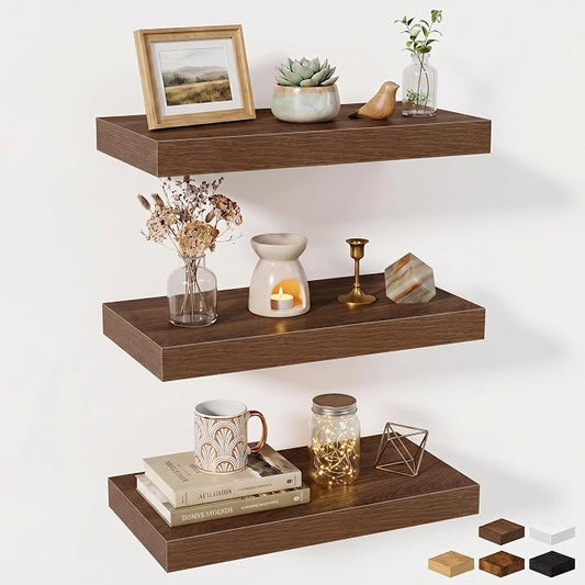 Fun Memories Wood Floating Shelves 20 Inch, 10 Inch Deep Shelves Wall Mount, Wall Shelves with Invisible Bracket, 20" Floating Shelves for Living Room Bathroom Bedroom, Walnut, Set of 3