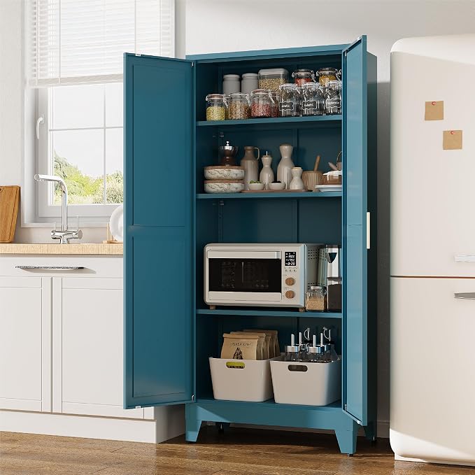 61”H Metal Kitchen Pantry Cabinet, Pantry Cabinets with 2 Doors and 3 Shelves, Kitchen Cabinet for Kitchen, Dining Room, Living Room and Bathroom, Blue