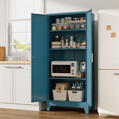 61”H Metal Kitchen Pantry Cabinet, Pantry Cabinets with 2 Doors and 3 Shelves, Kitchen Cabinet for Kitchen, Dining Room, Living Room and Bathroom, Blue