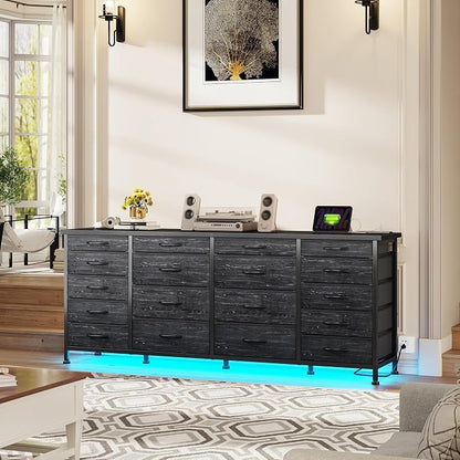 EnHomee 63" W Black TV Stand for Living Room, 18 Drawers, LED & Charging | Long Dresser for 65"-75" TV, Deep Drawer, Spacious Storage, Drawers Glide, No Wobbling, Anti-tip, Easy Assembly, Wipes Clean